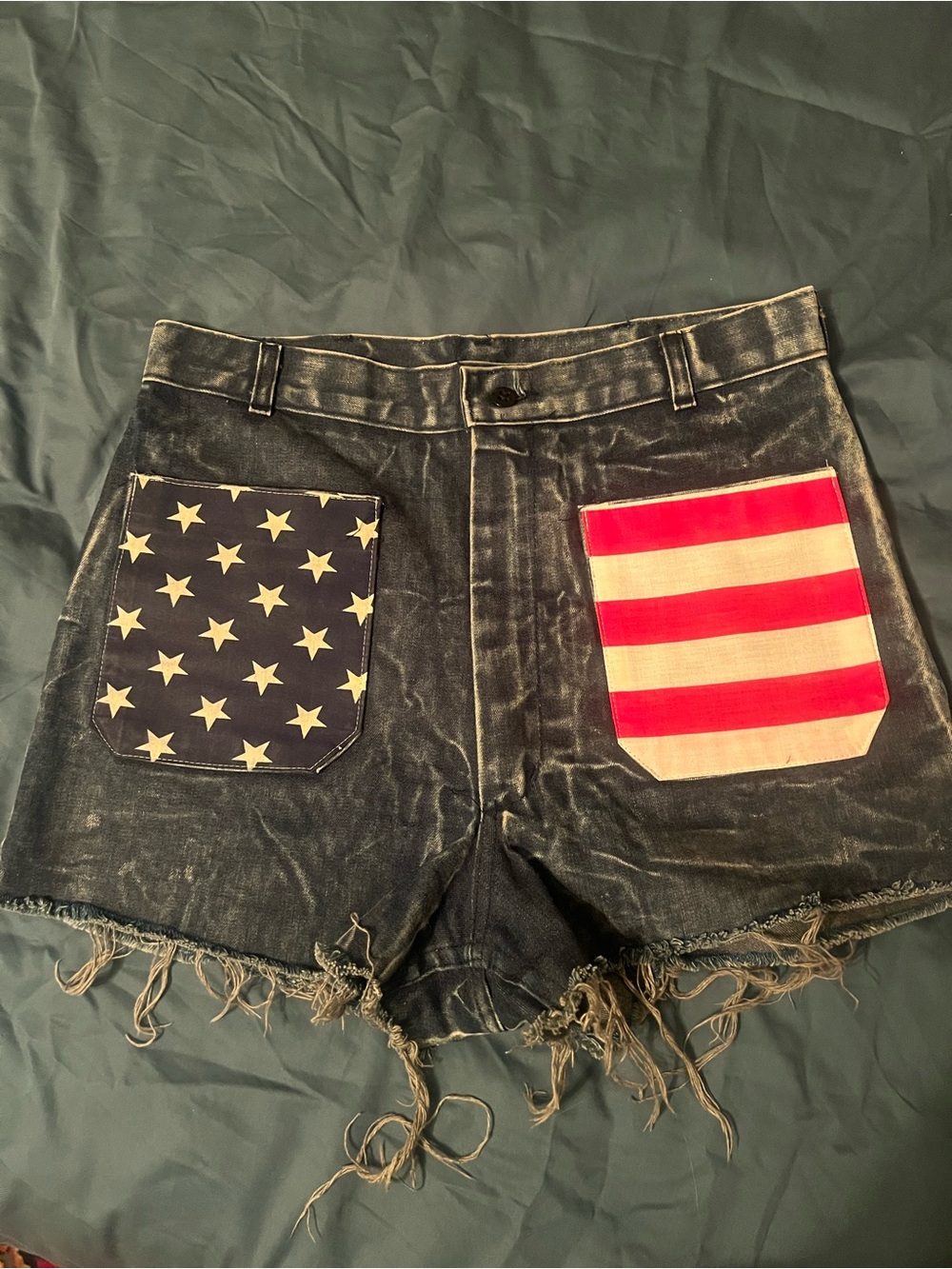 Vintage Denim Cutoff Shorts with American Flag Pockets